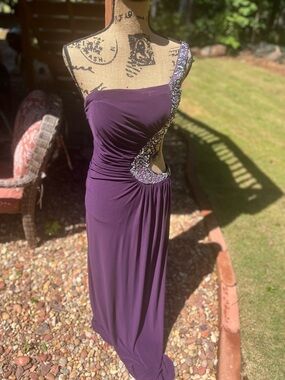 Evening One-Shoulder Purple Gown with Embellished Cutout